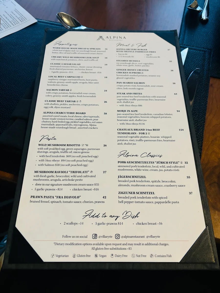 Menu, Alpina Restaurant at Villa Eyrie Resort