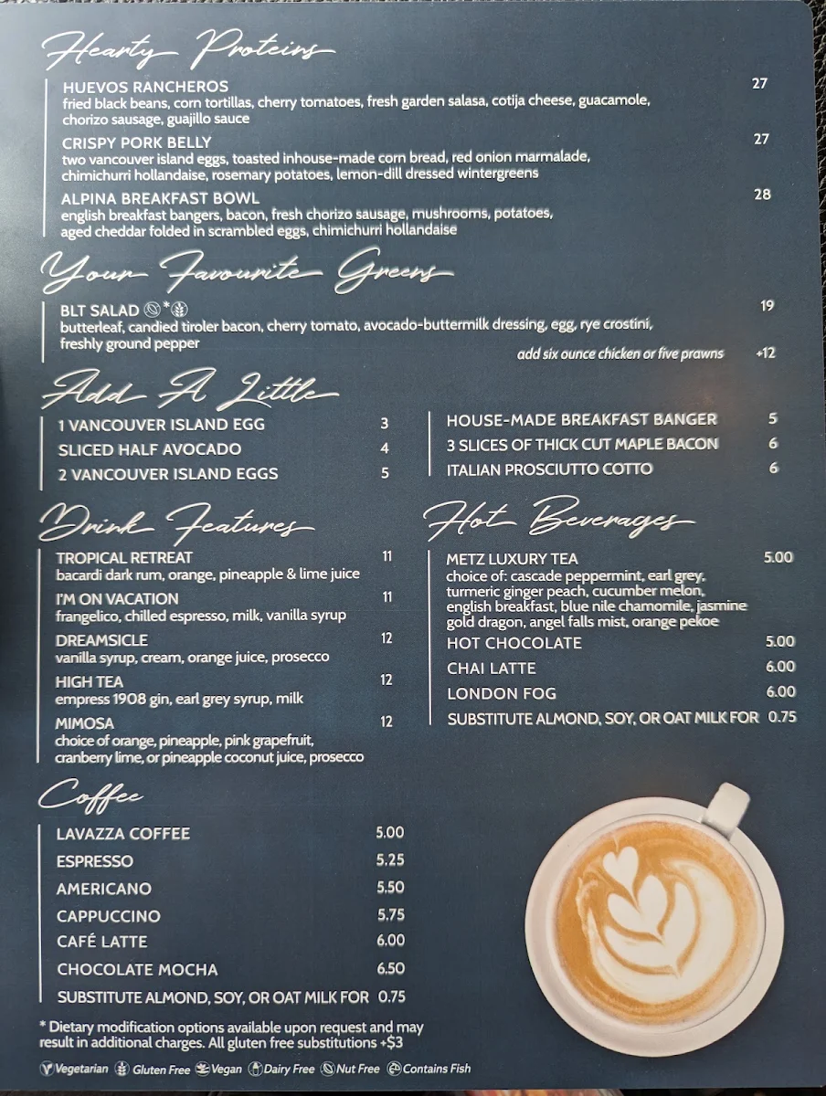 Menu, Alpina Restaurant at Villa Eyrie Resort