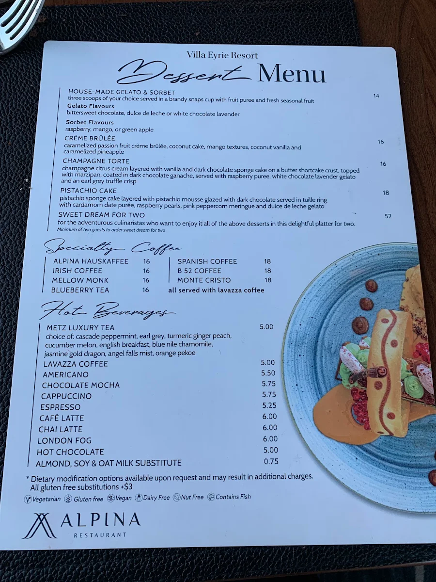 Menu, Alpina Restaurant at Villa Eyrie Resort