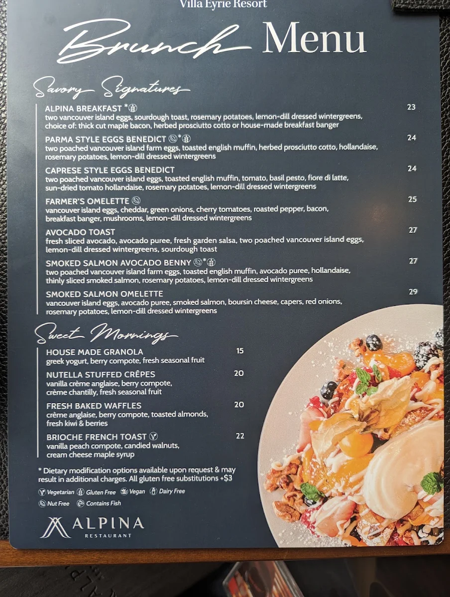 Menu, Alpina Restaurant at Villa Eyrie Resort