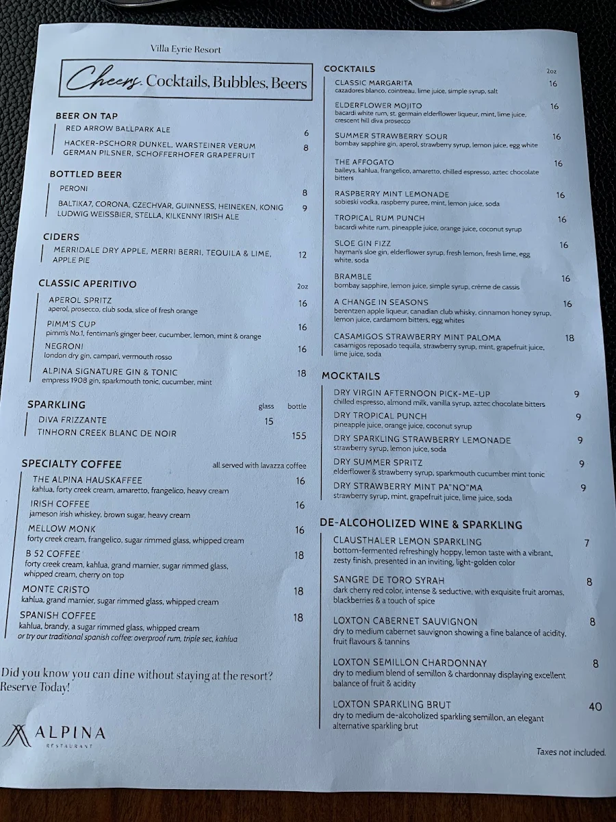 Menu, Alpina Restaurant at Villa Eyrie Resort