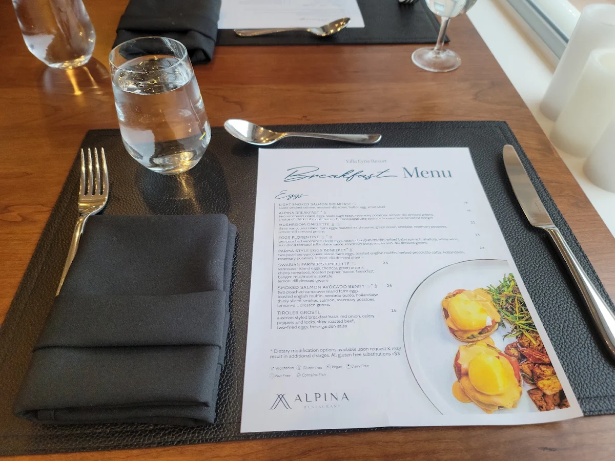 Menu, Alpina Restaurant at Villa Eyrie Resort