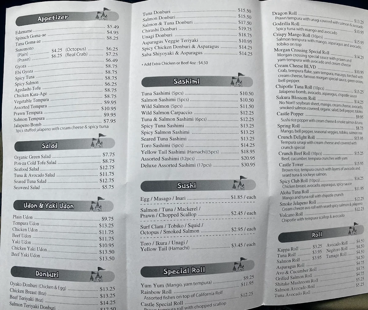 Menu, Sushi Castle