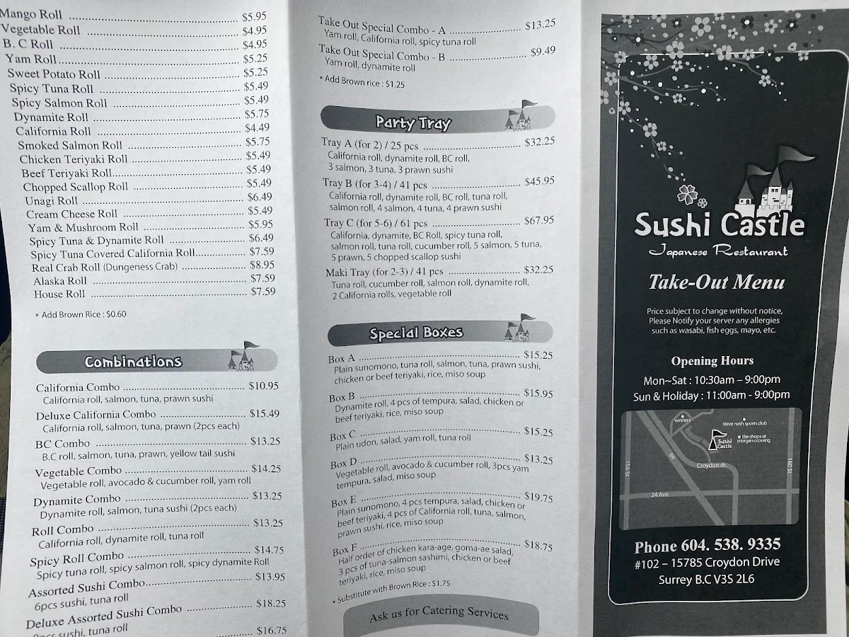 Menu, Sushi Castle