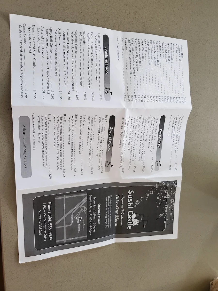 Menu, Sushi Castle