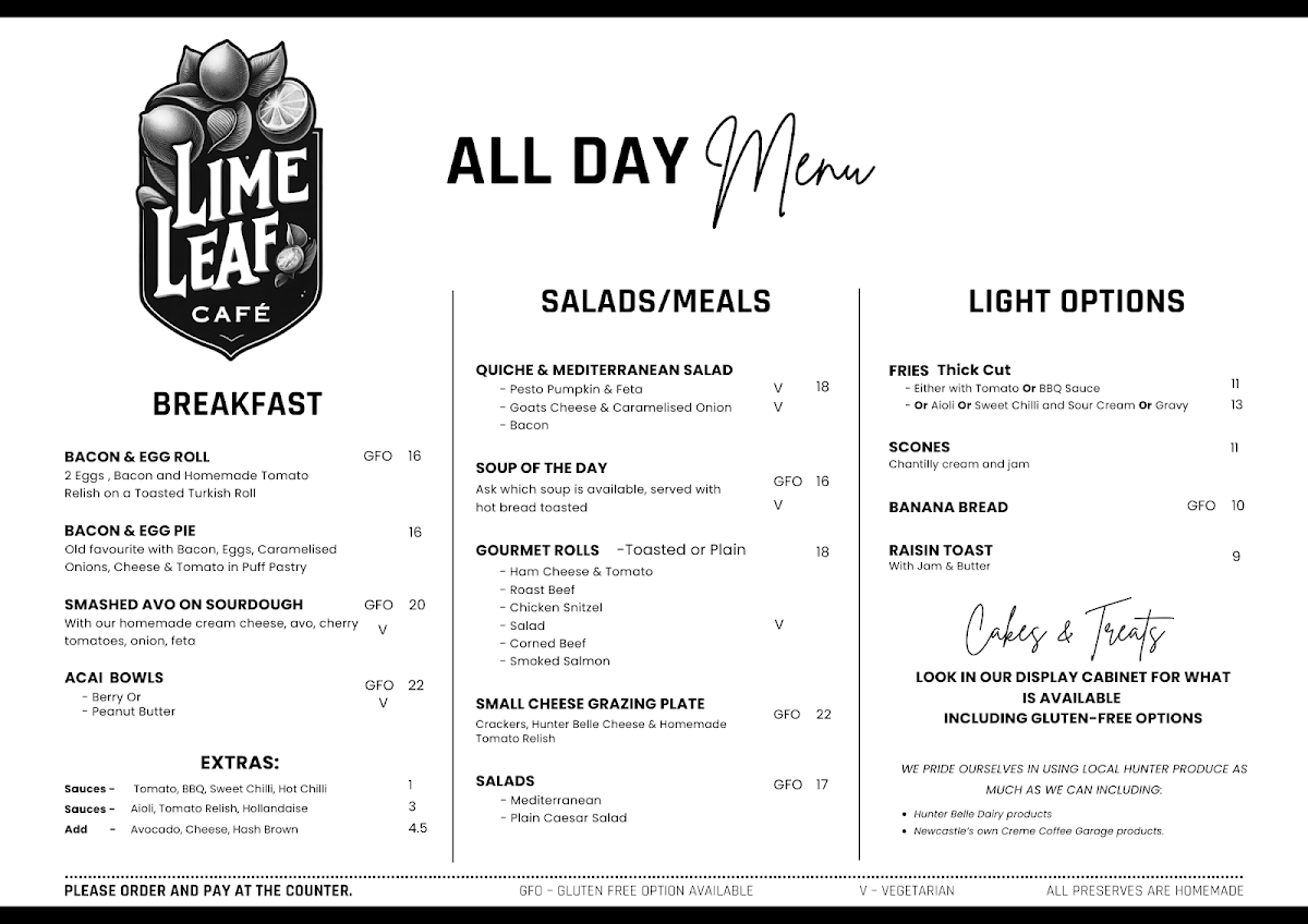Menu, Lime Leaf Cafe