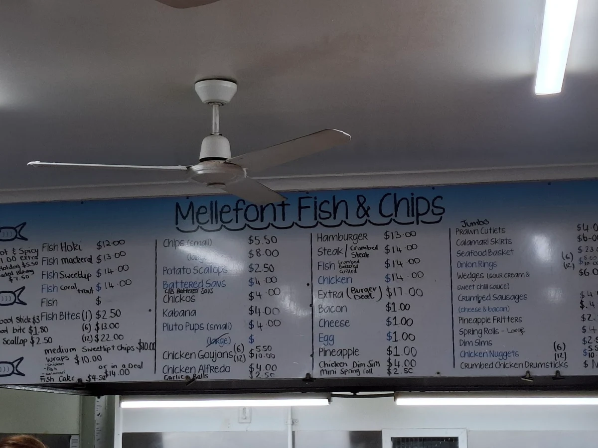 Menu, Mellefont Fish & Chips