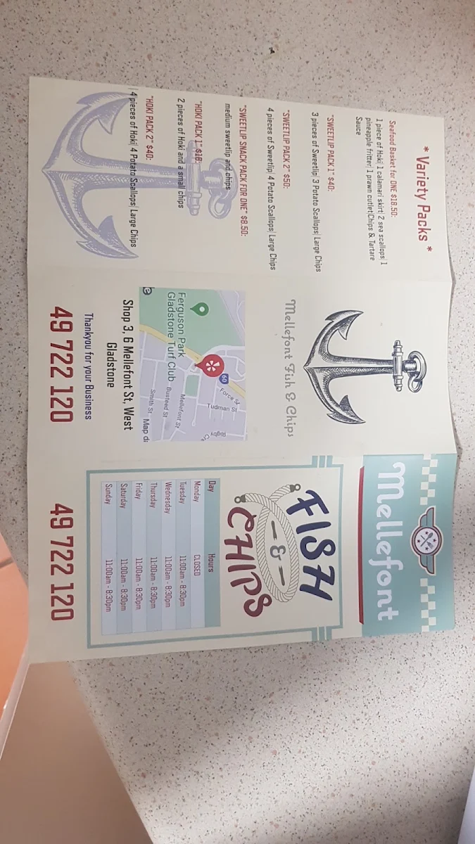 Menu, Mellefont Fish & Chips