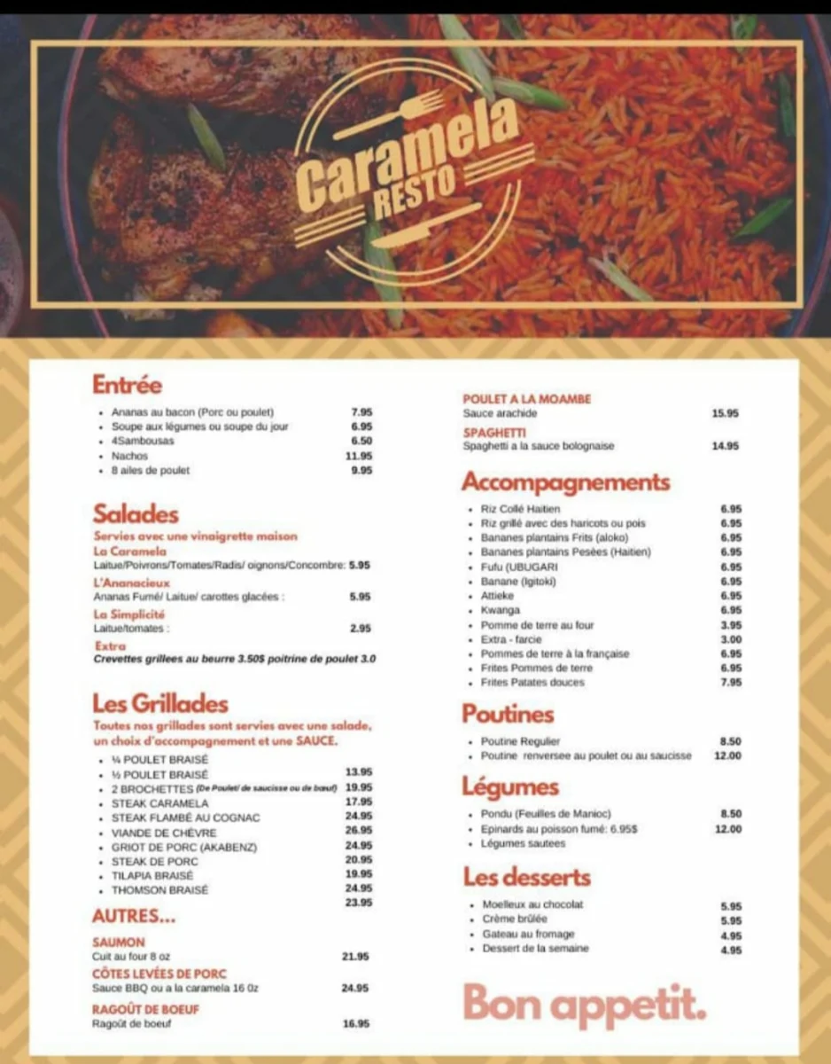 Menu, Restaurant Caramela