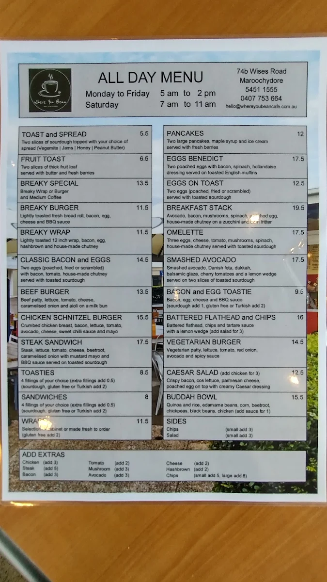 Menu, Where You Bean Cafe
