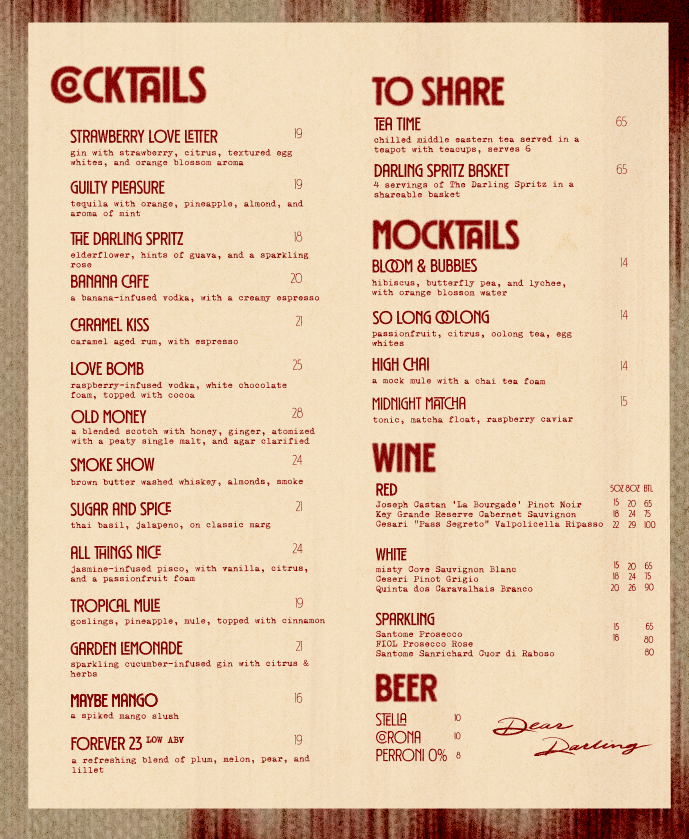 Menu, Dear Darling
