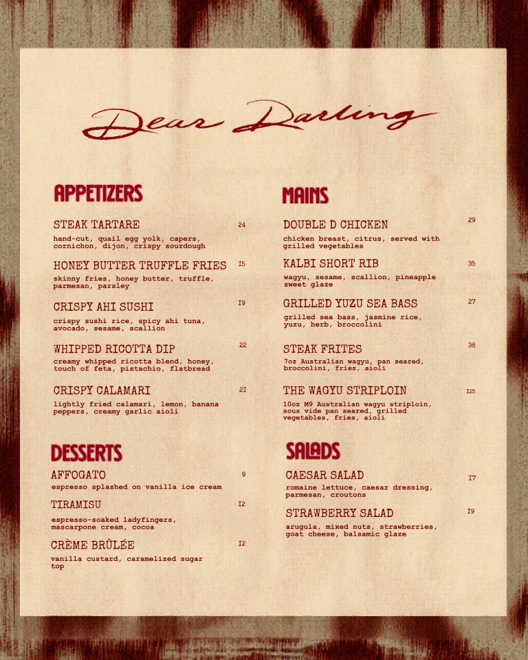 Menu, Dear Darling