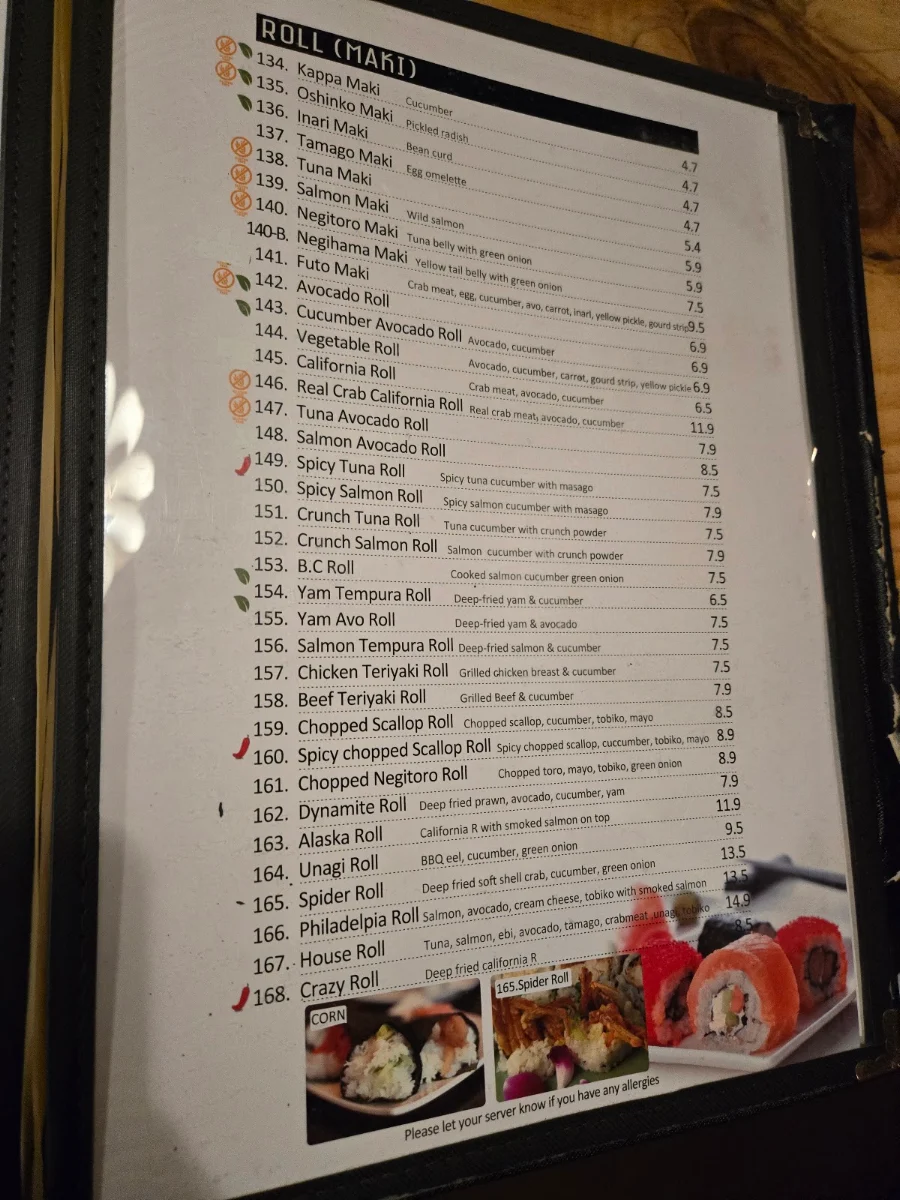 Menu, Sushi Kumo