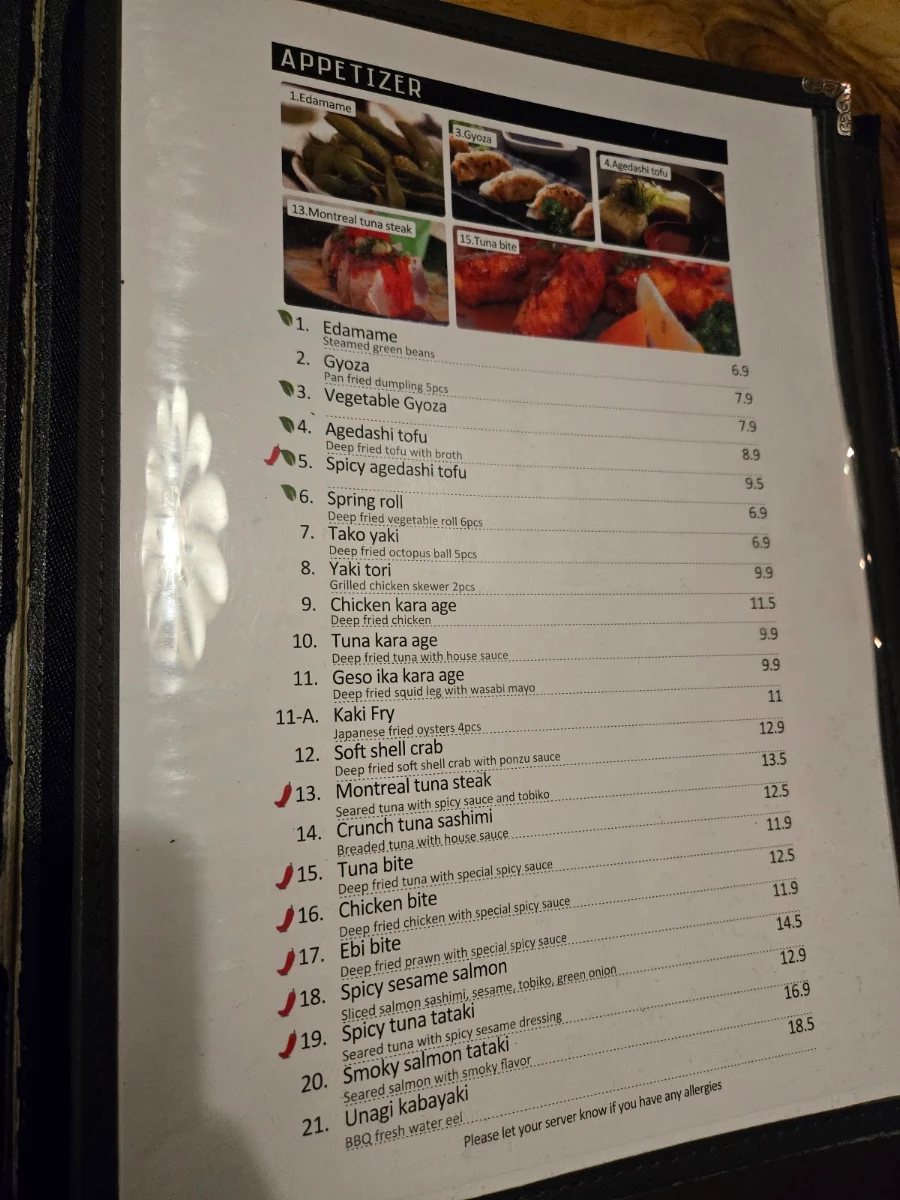 Menu, Sushi Kumo