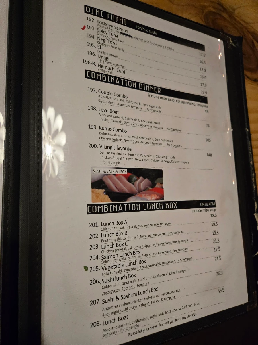 Menu, Sushi Kumo
