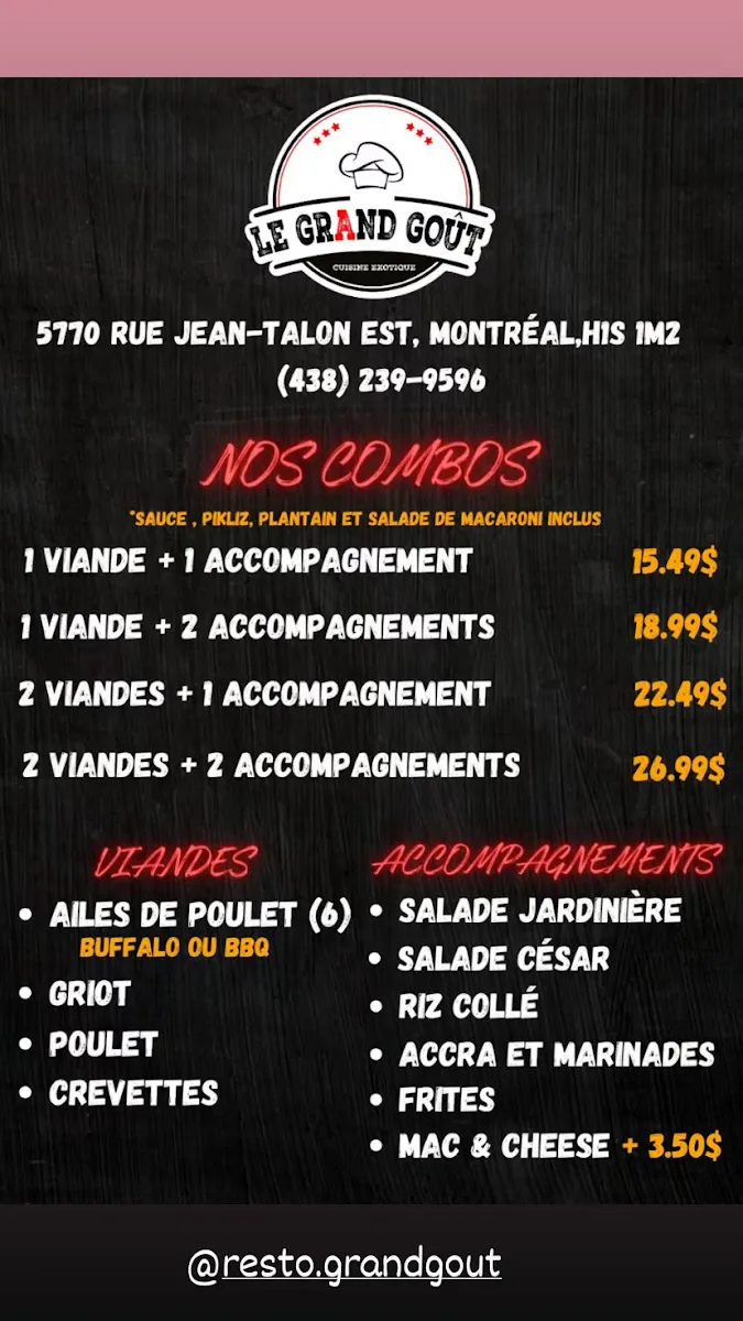Menu, Restaurant - Le Grand Goût