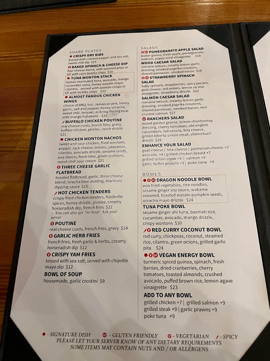 Menu, The Wood Restaurant & Lounge
