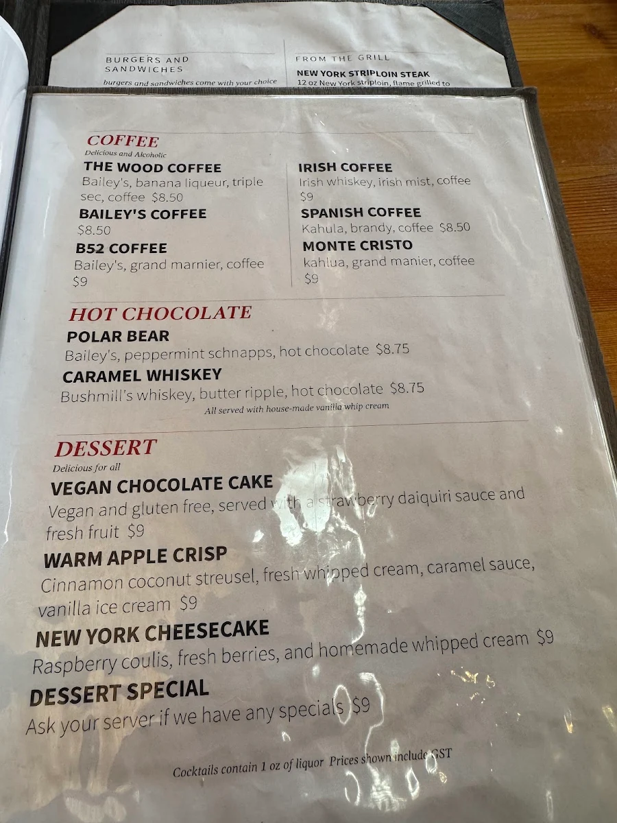 Menu, The Wood Restaurant & Lounge