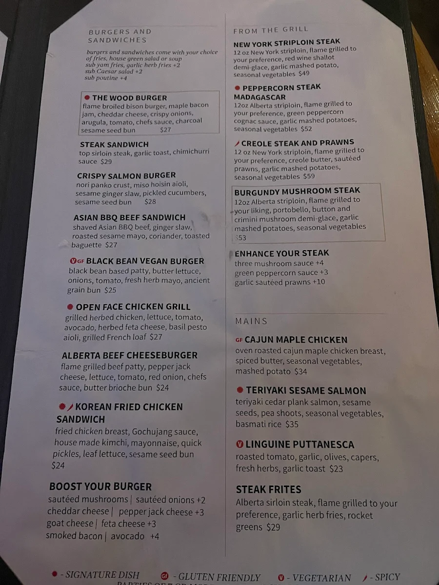 Menu, The Wood Restaurant & Lounge