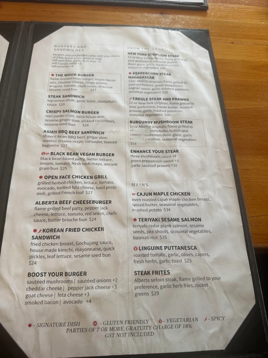 Menu, The Wood Restaurant & Lounge