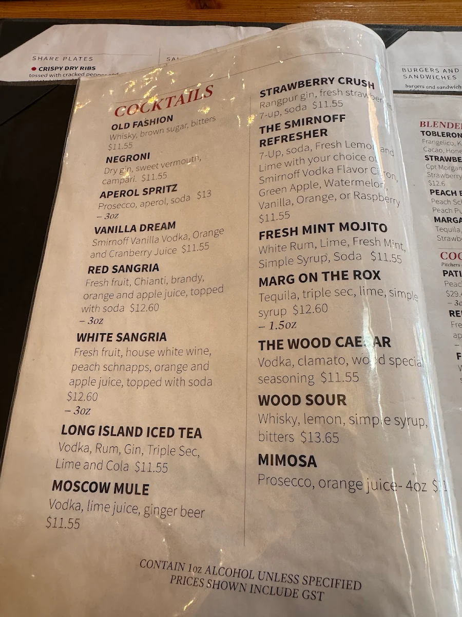 Menu, The Wood Restaurant & Lounge