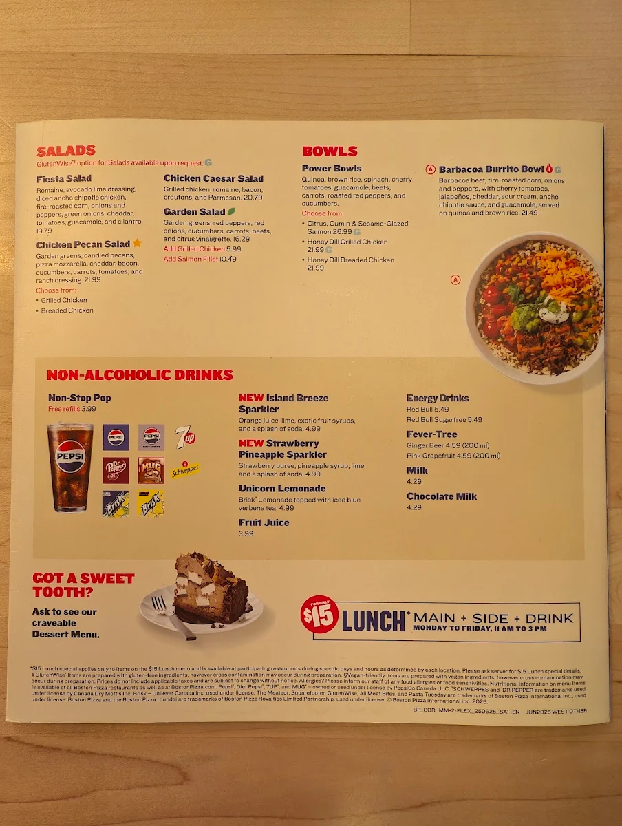 Menu, Boston Pizza