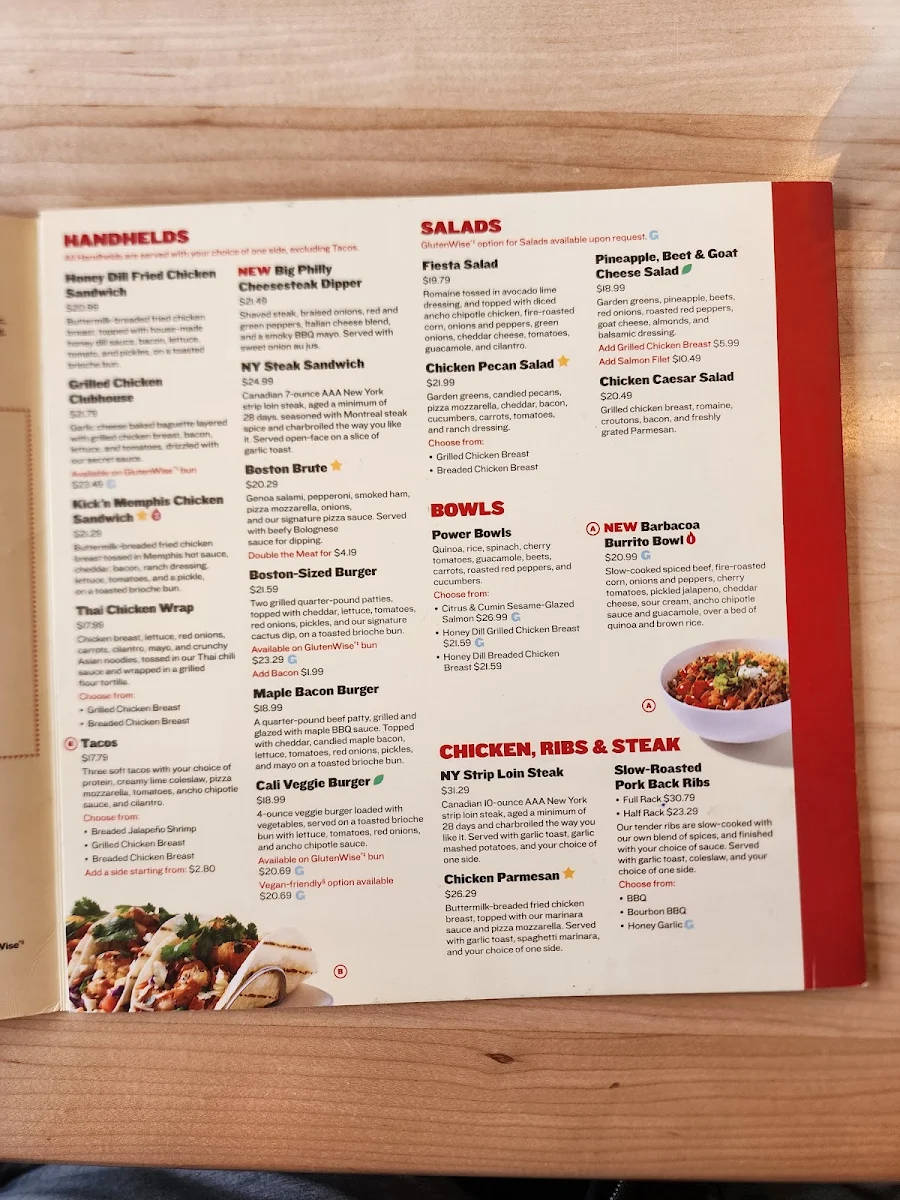 Menu, Boston Pizza