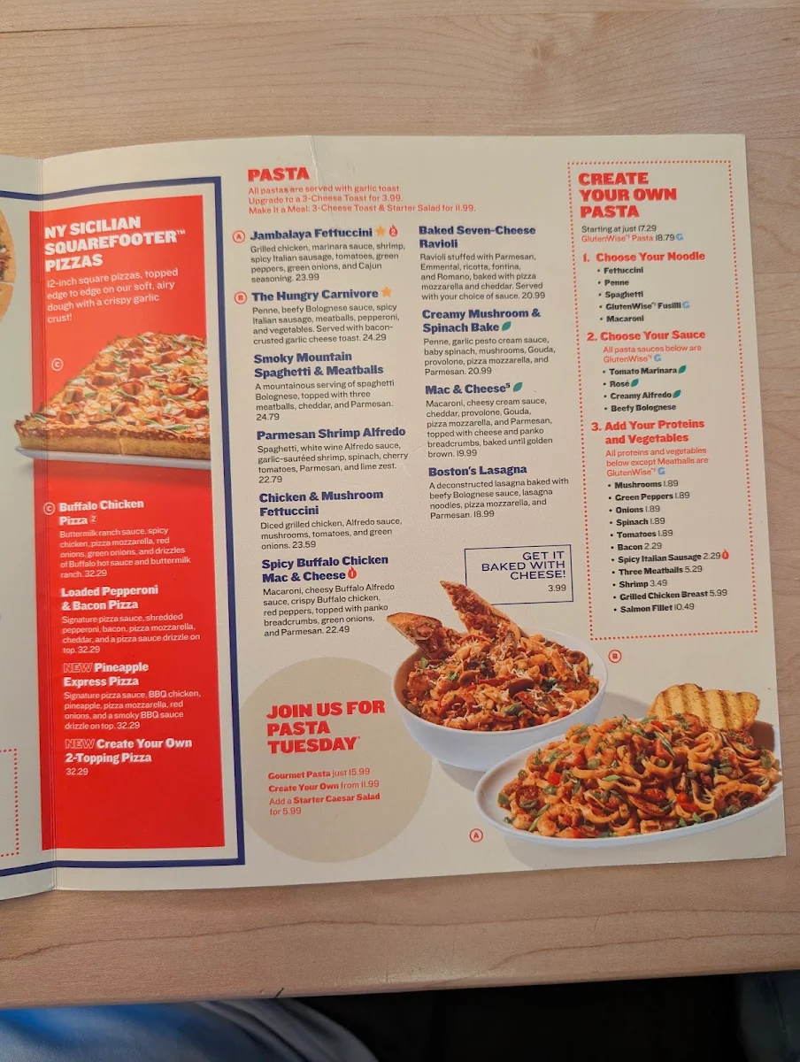 Menu, Boston Pizza