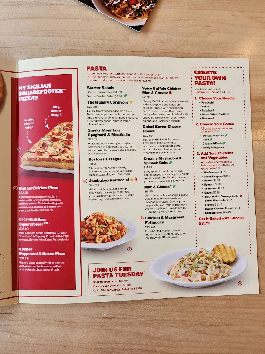 Menu, Boston Pizza