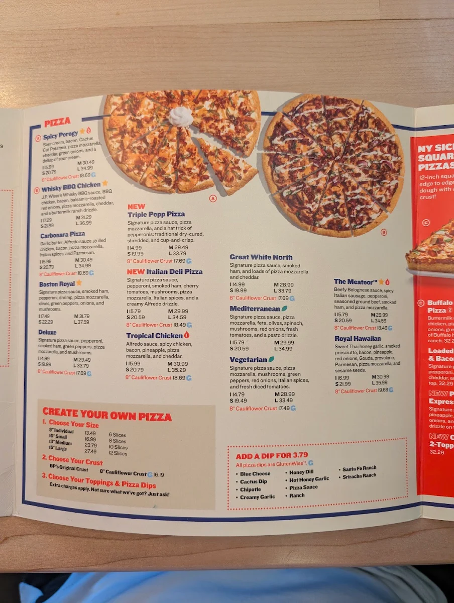 Menu, Boston Pizza
