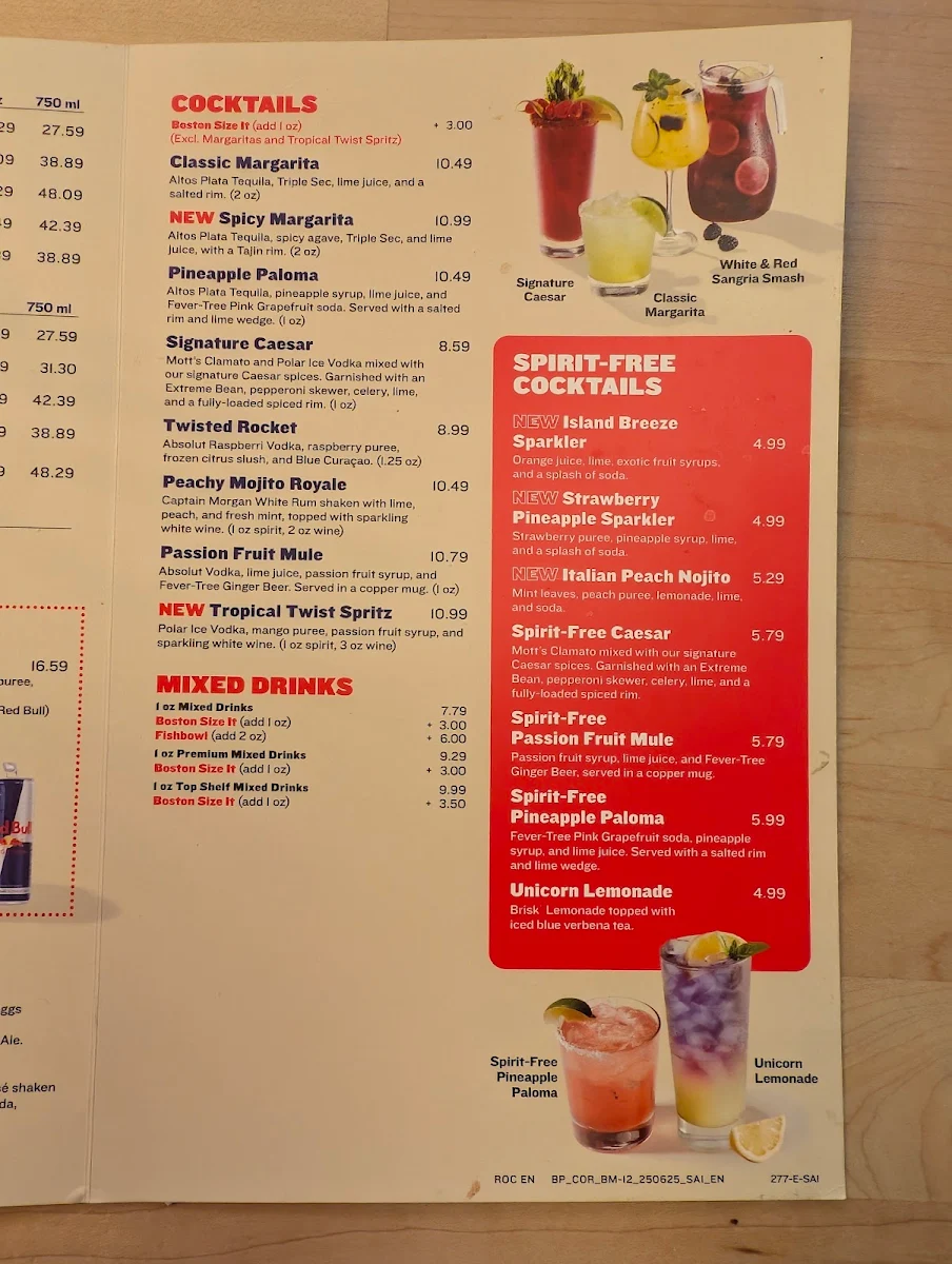 Menu, Boston Pizza