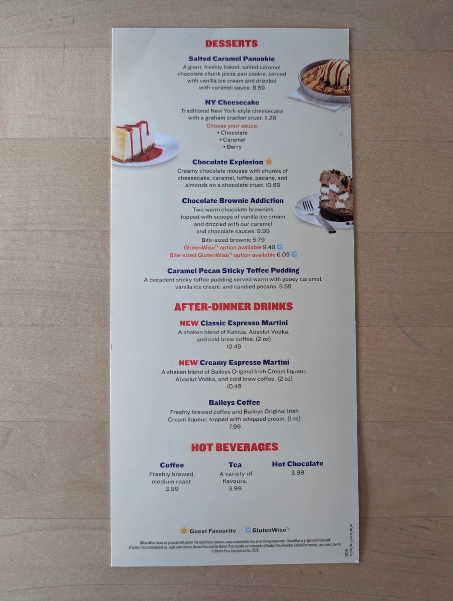 Menu, Boston Pizza