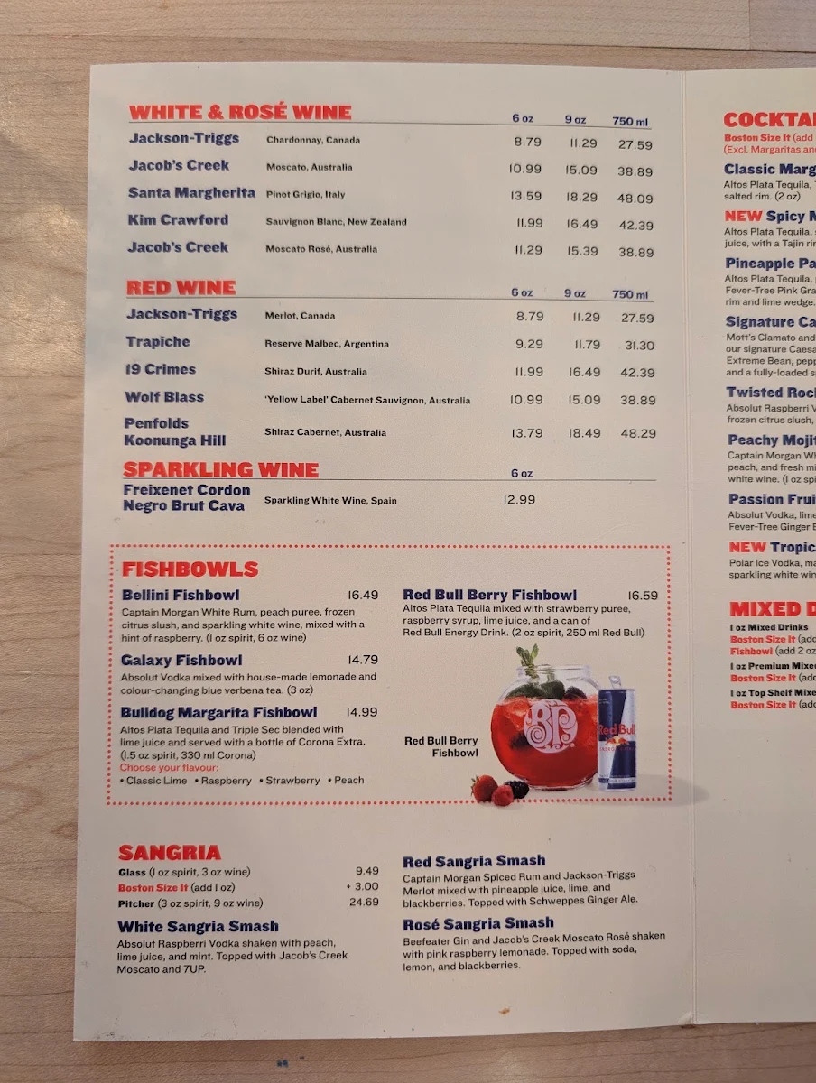 Menu, Boston Pizza