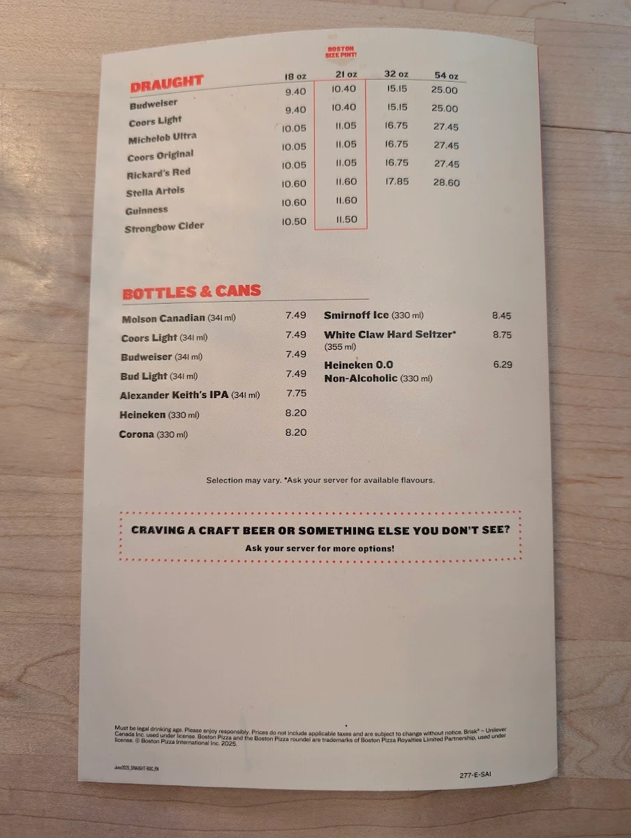 Menu, Boston Pizza