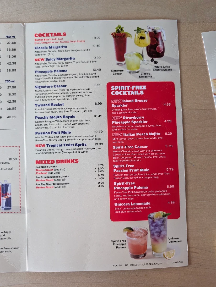 Menu, Boston Pizza
