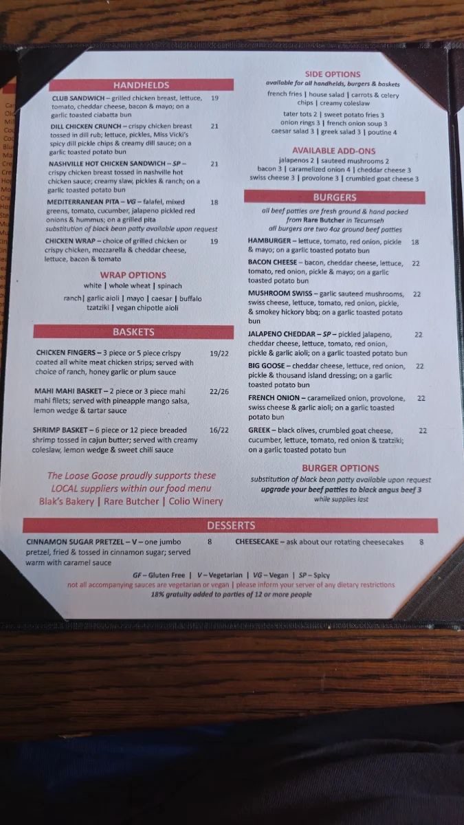Menu, The Loose Goose RestoPub & Lounge