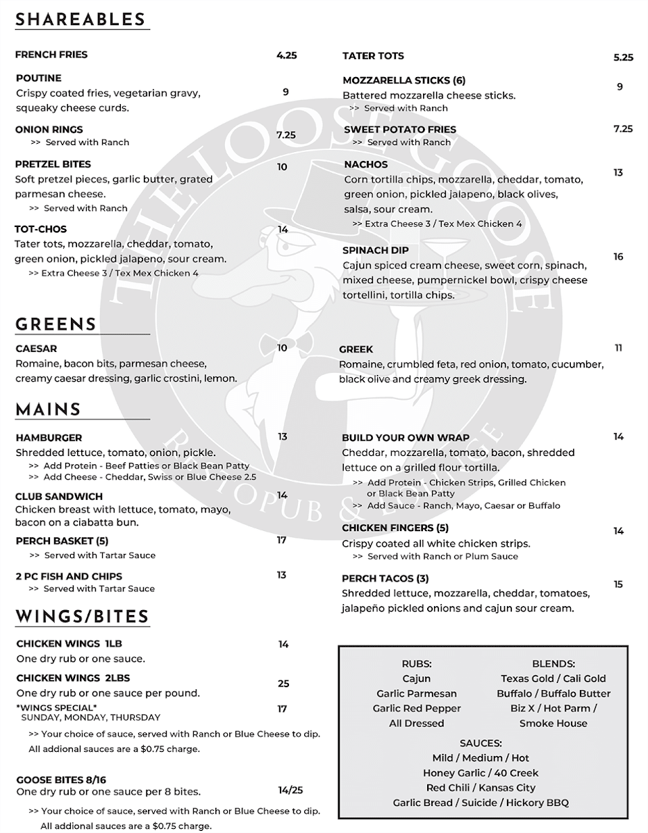 Menu, The Loose Goose RestoPub & Lounge