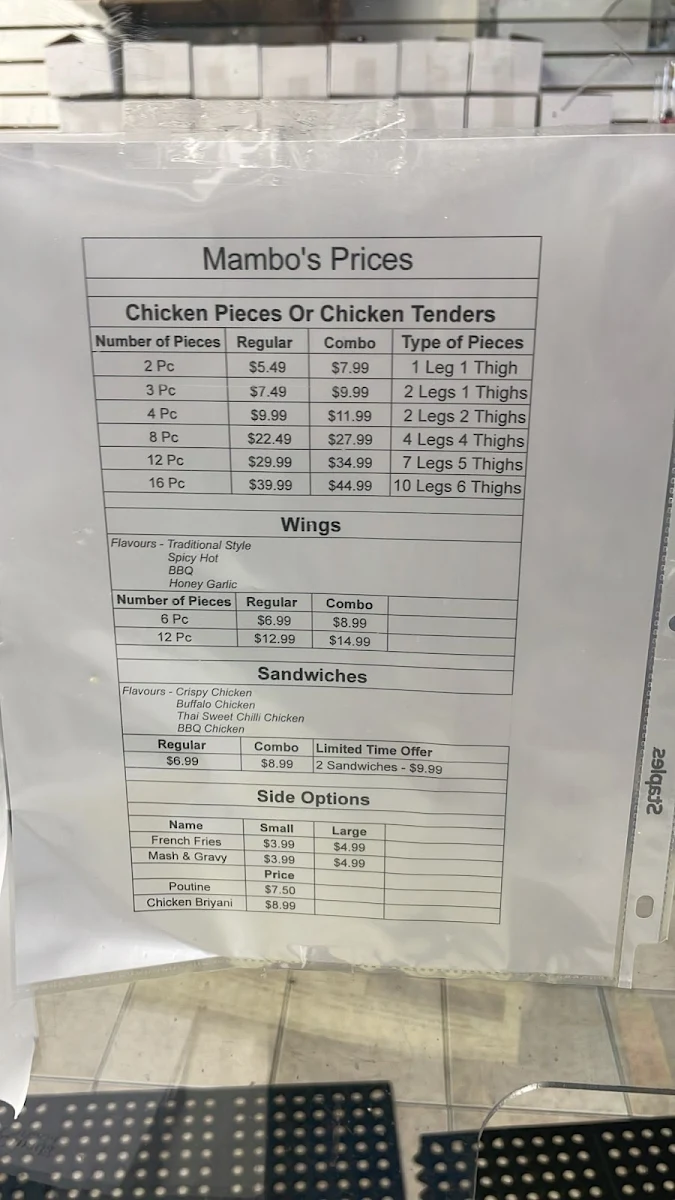 Menu, Mambo's Chicken & BBQ
