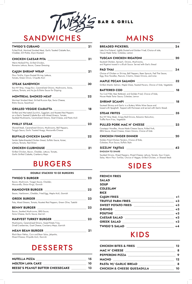 Menu, Twigg's Bar & Grill