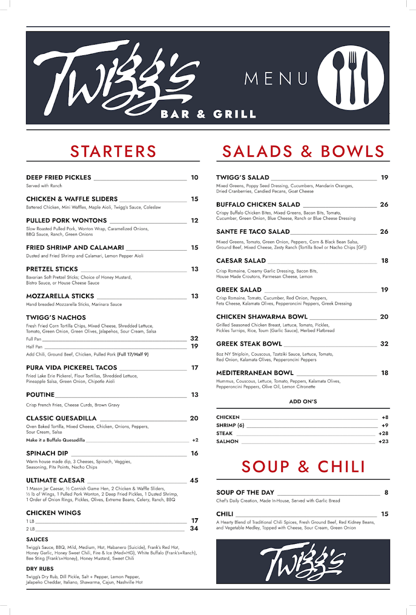 Menu, Twigg's Bar & Grill