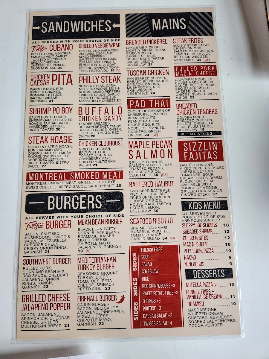 Menu, Twigg's Bar & Grill