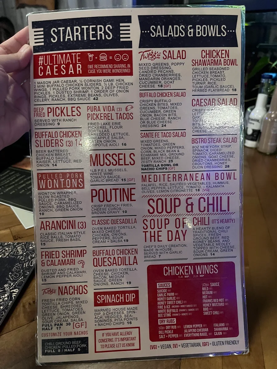 Menu, Twigg's Bar & Grill
