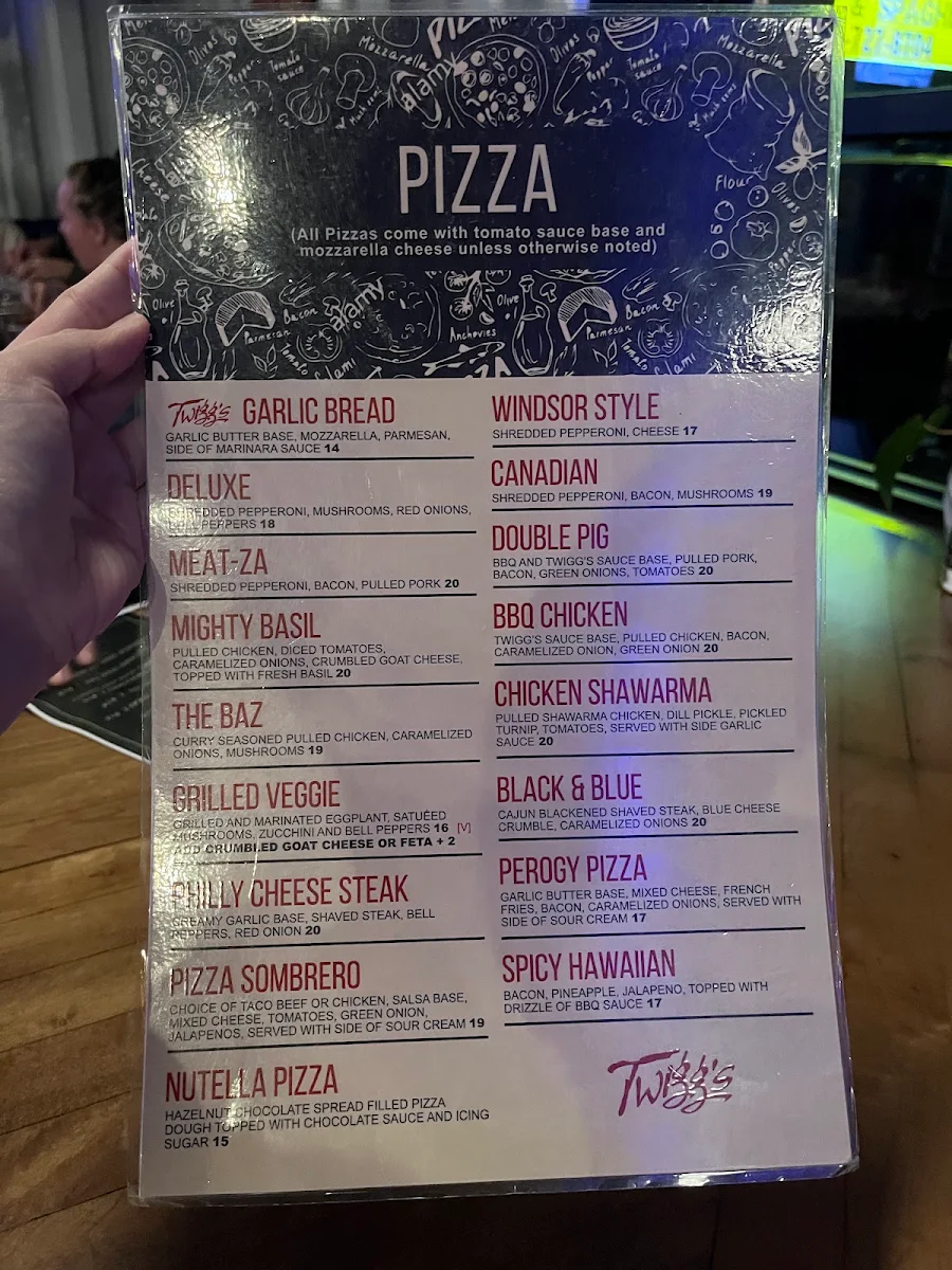 Menu, Twigg's Bar & Grill