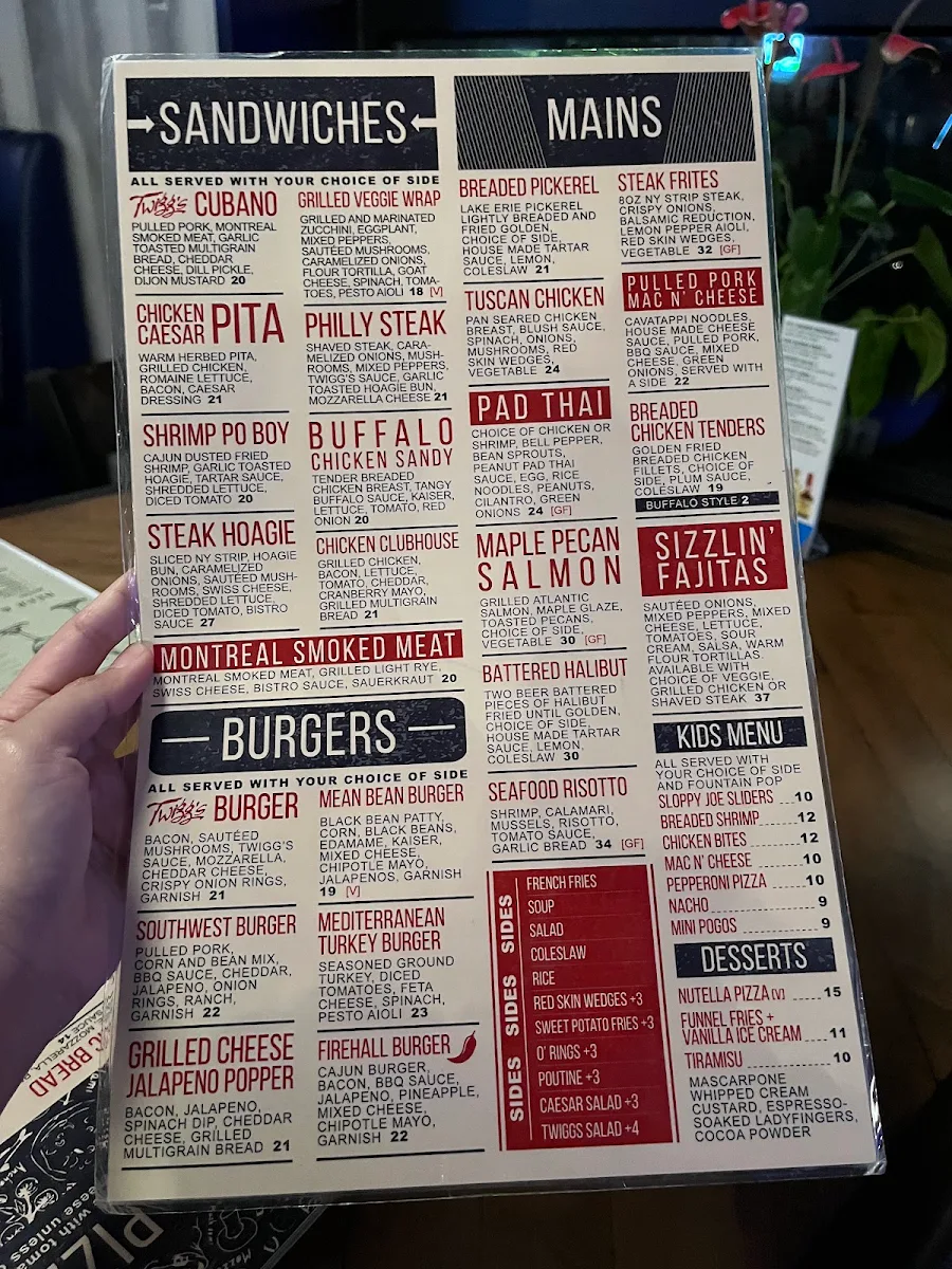 Menu, Twigg's Bar & Grill