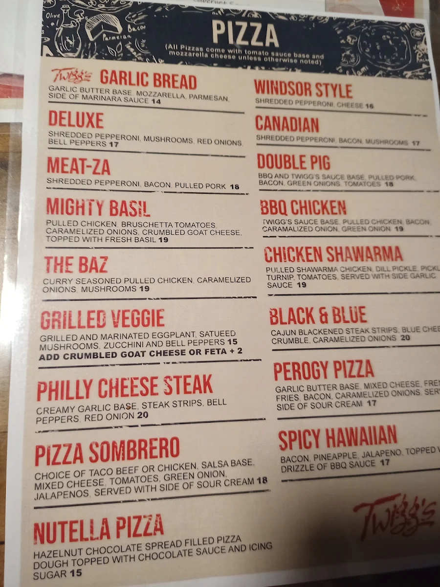 Menu, Twigg's Bar & Grill