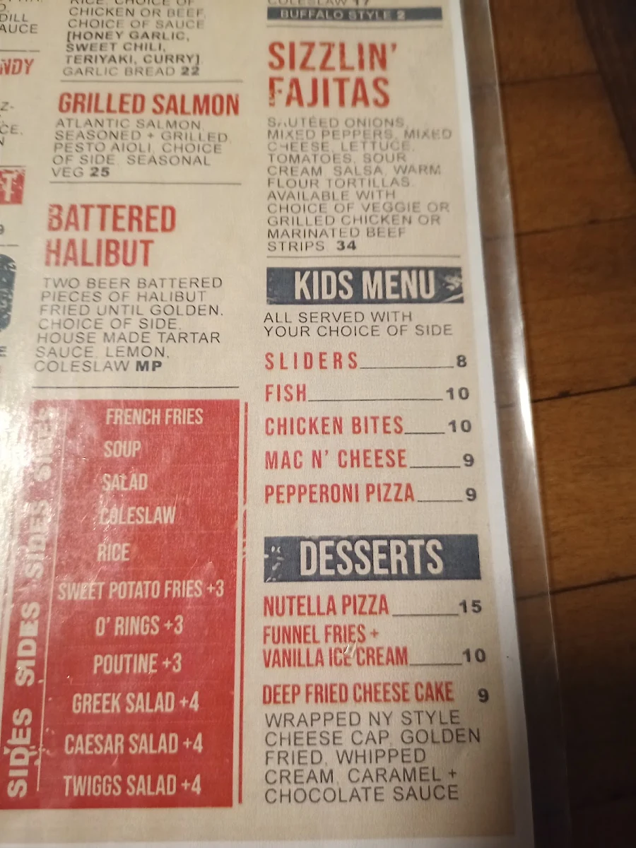 Menu, Twigg's Bar & Grill