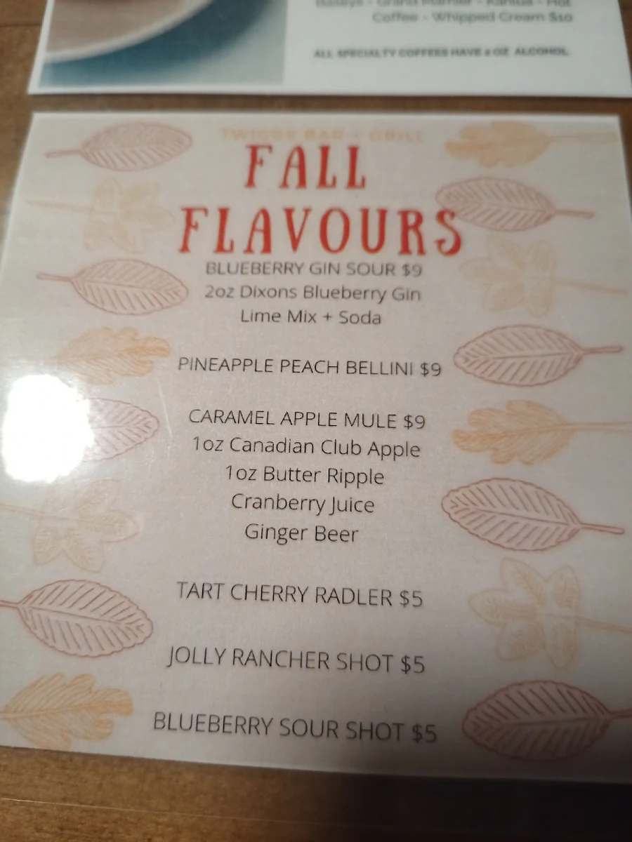 Menu, Twigg's Bar & Grill