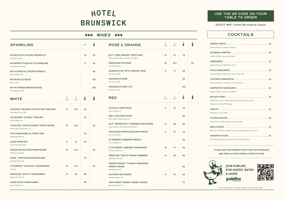 Menu, Hotel Brunswick