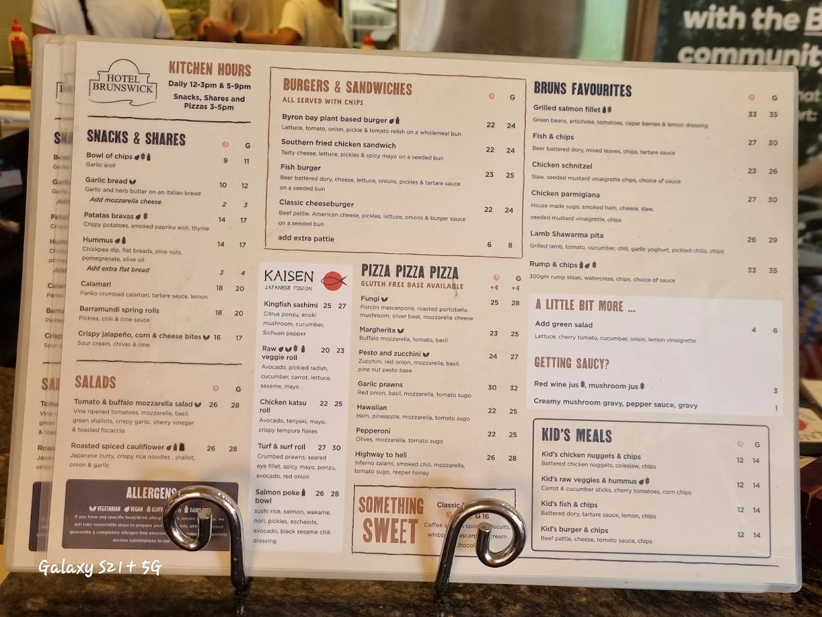 Menu, Hotel Brunswick
