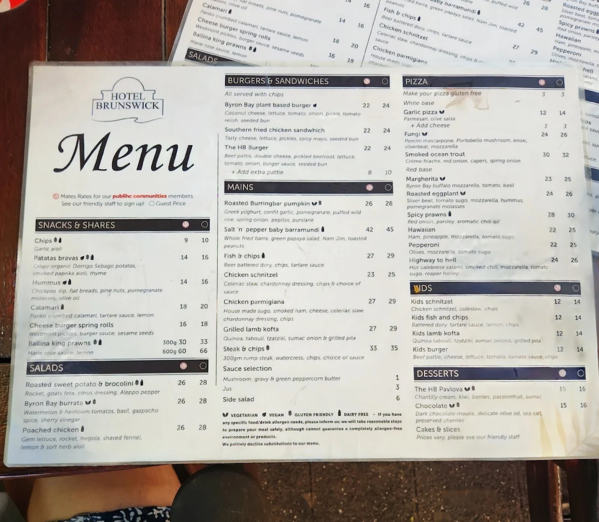 Menu, Hotel Brunswick